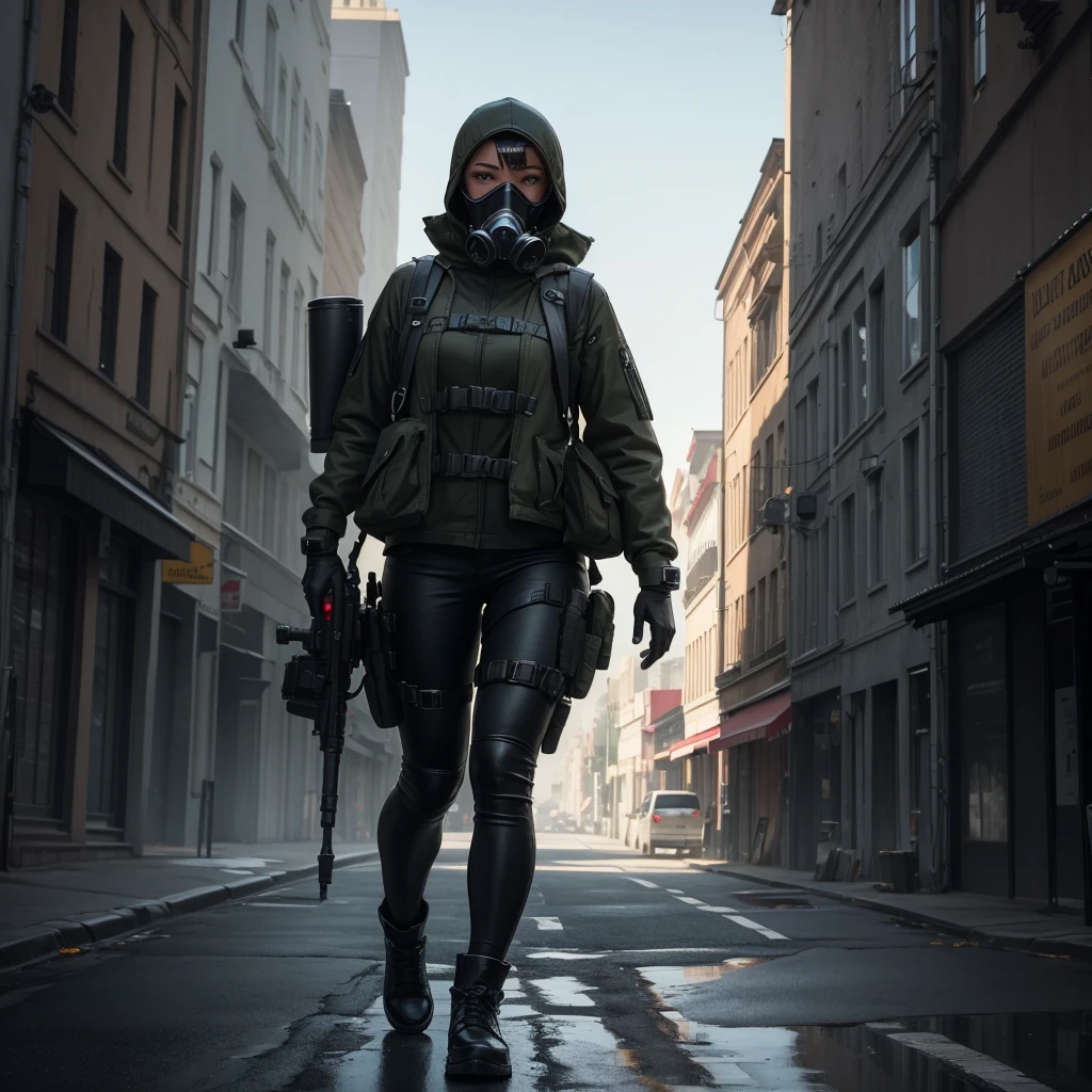 She is walking in middle of a street dressed in black and wearing a gas mask, abandon city with only one Power Nuclear Plant in the distance but there is not other people , there is a olive green toxic smoke in the air, ultra high quality, 4K, low angle, (masterpiece, top quality, best quality, official art, beautiful and aesthetic:1.2),