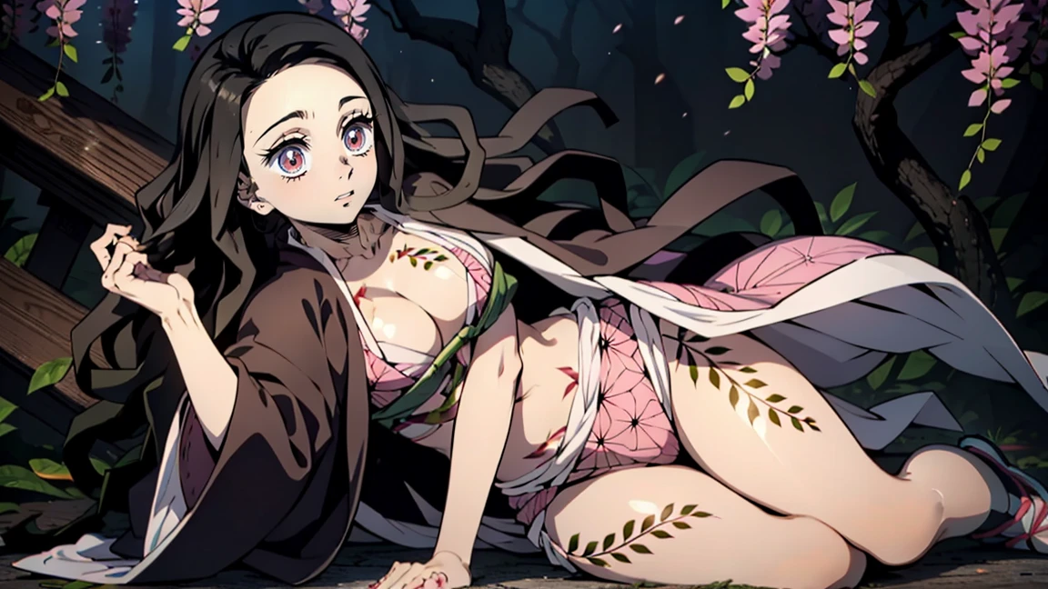 woman, adult girl, real photos、smile, girlка демон, crying, Focus on the eyes, tears of joy, stupidly, night, grin, демоническая smile, angry, beautiful, Ослепительная smile, very sweet, Kimano, girl, top quality изображения、character design of Nezuko from Demon Slayer, chedevr, (pink kimono), seductive face, kamado stupidly、Demon kamado stupidly、ancient japan, charm of kamado stupidly, leaf tattoos, tattoos pierce the whole body, sexual、open crotch、finely detail, chedevr, shining eyes, 1girl in, Dark-haired, , kamado stupidly, wisteria background, chedevr, top quality, 