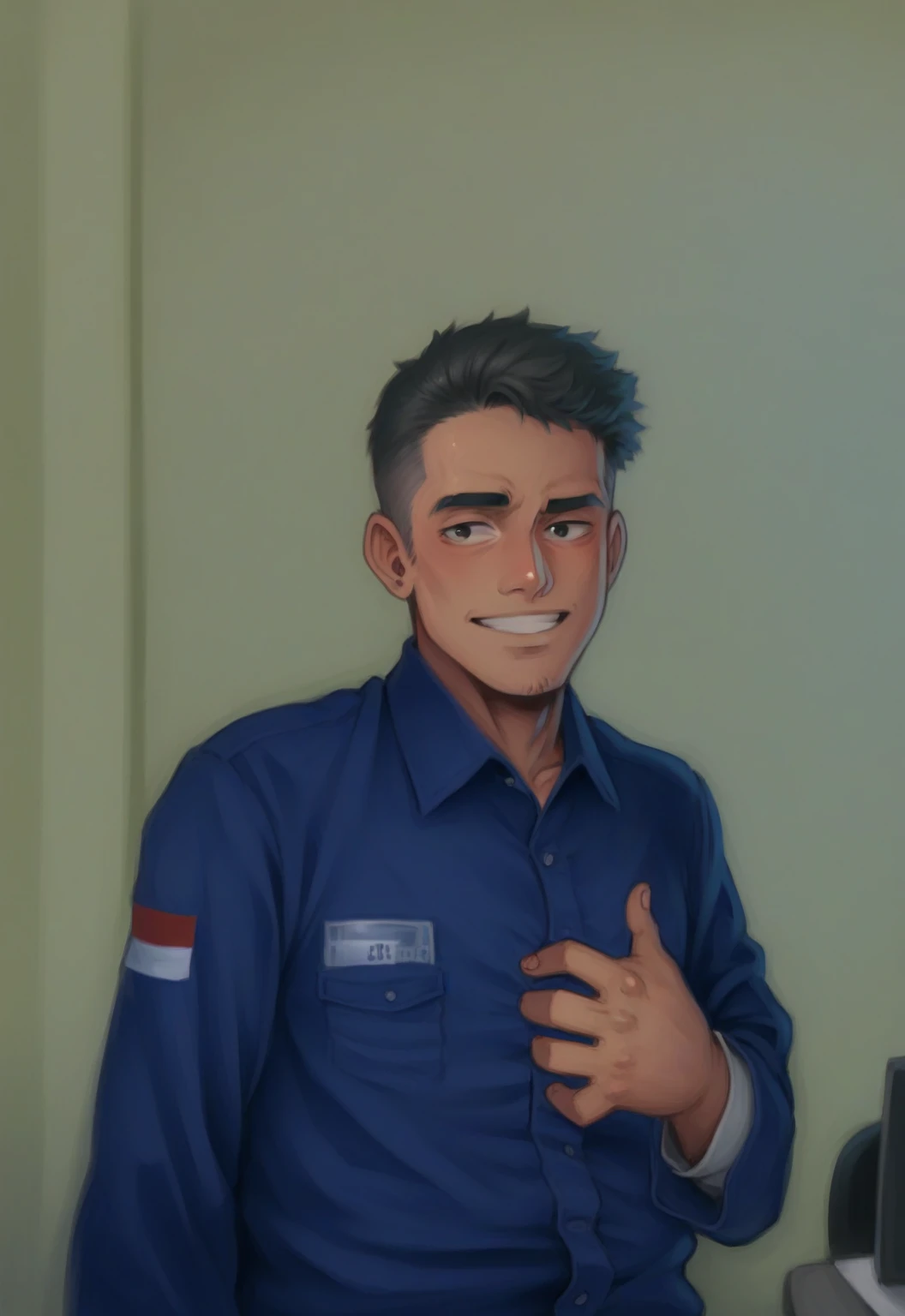 photo of (Man), RAW, man of average beauty, (short hair, gray brown, straight/wavy), in office, leaning against desk, social clothing, unbuttoned shirt, (full body :1.3), (masterpiece) (perfect aspect ratio)(realistic photo)(best quality) (detailed) (8k) (HDR) (wallpaper) (cinematic lighting) (sharp focus) (intricate)  