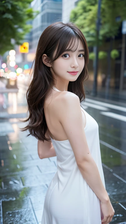 flying debris、Highest quality、shape、 Very detailed、Finer details、 High resolution、8K Dende wallpaper、完璧なダイナミックな構shape、24 year old beautiful girl、clear、Beautiful face in every detail、Beautiful eyes in every detail、Rough skin、A faint smile、Small breasts、Knit dress、Neon Light、whole body、Standing in the rain