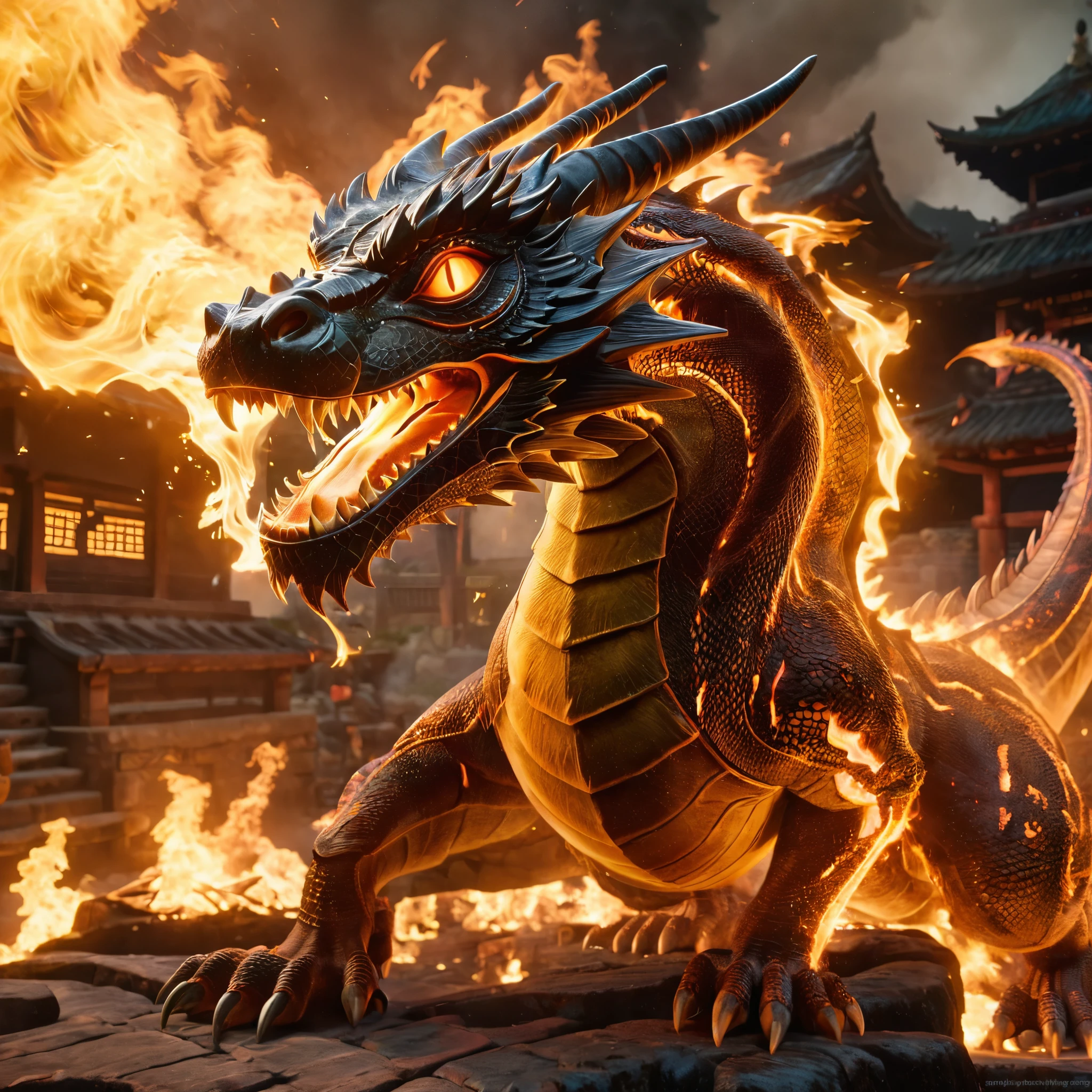 a battle-damaged samurai,a fire-breathing dragon,a burning village,highly detailed,cinematic,epic,intricate textures,dramatic lighting,intense colors,moody atmosphere,photorealistic,unreal engine,8k,best quality,masterpiece