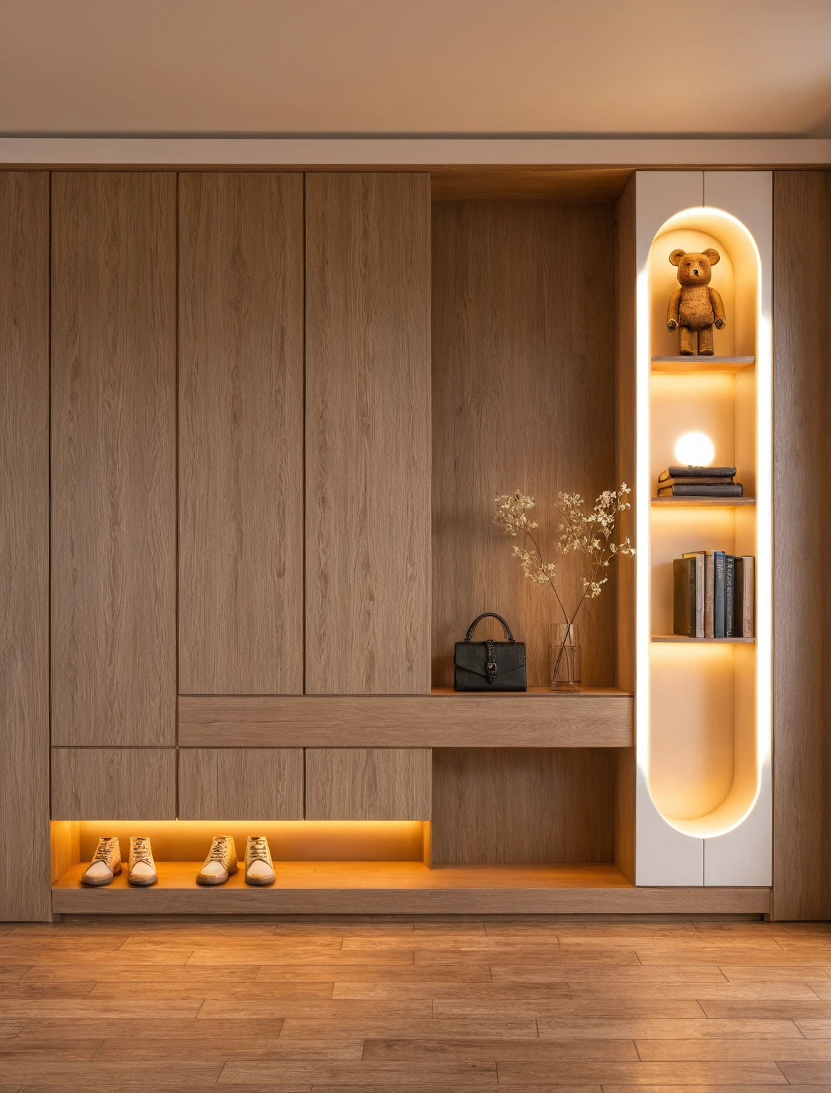 Raw photo,Masterpiece, high quality, best quality, authentic, super detail, interior, shoes Cabinet style wabi sabi , sunset, daylight, shoe cabinets, decorative cabinets, flower vases, led lights, ceiling lights, decorations, books, wooden floor, handbags, shoes, bearbrick, ((mirror)),