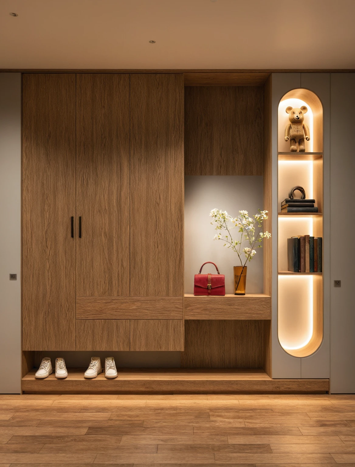 Raw photo,Masterpiece, high quality, best quality, authentic, super detail, interior, shoes Cabinet style wabi sabi , sunset, daylight, shoe cabinets, decorative cabinets, flower vases, led lights, ceiling lights, decorations, books, wooden floor, handbags, shoes, bearbrick, ((mirror)),