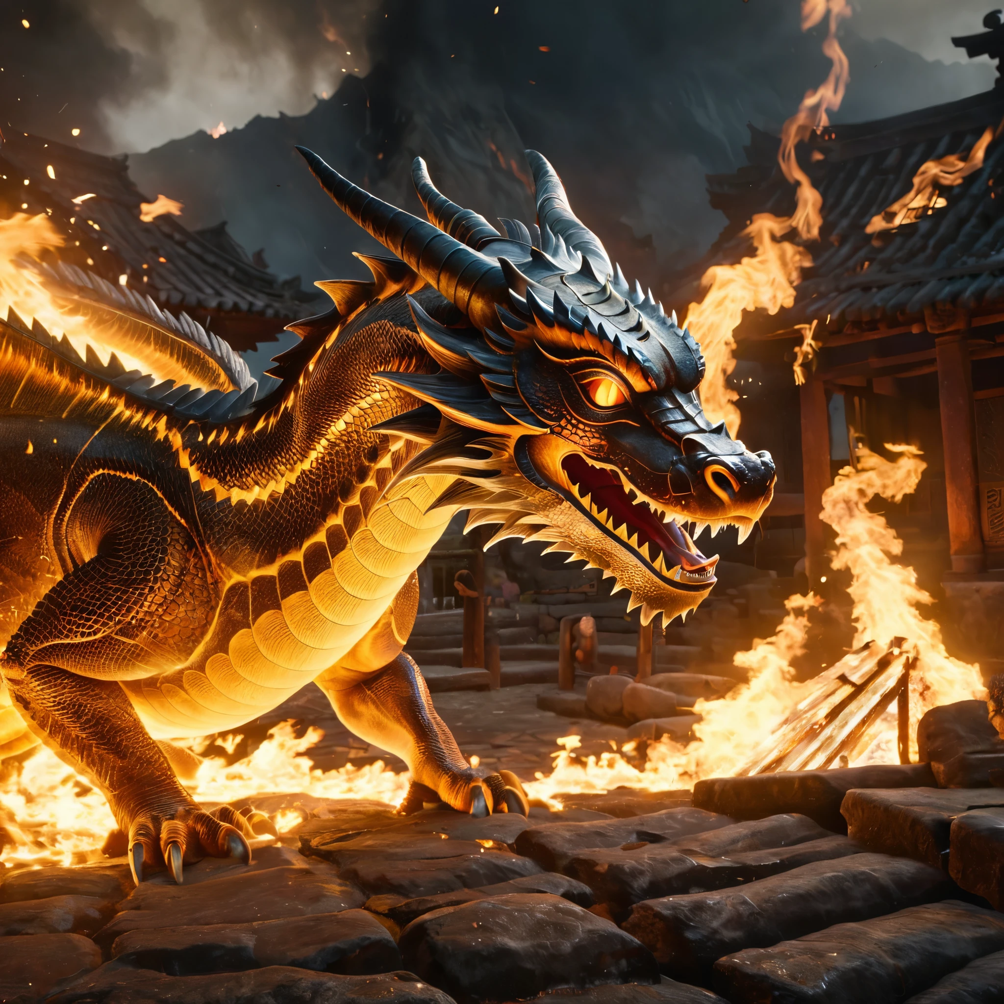 a battle-damaged samurai,a fire-breathing dragon,a burning village,highly detailed,cinematic,epic,intricate textures,dramatic lighting,intense colors,moody atmosphere,photorealistic,unreal engine,8k,best quality,masterpiece