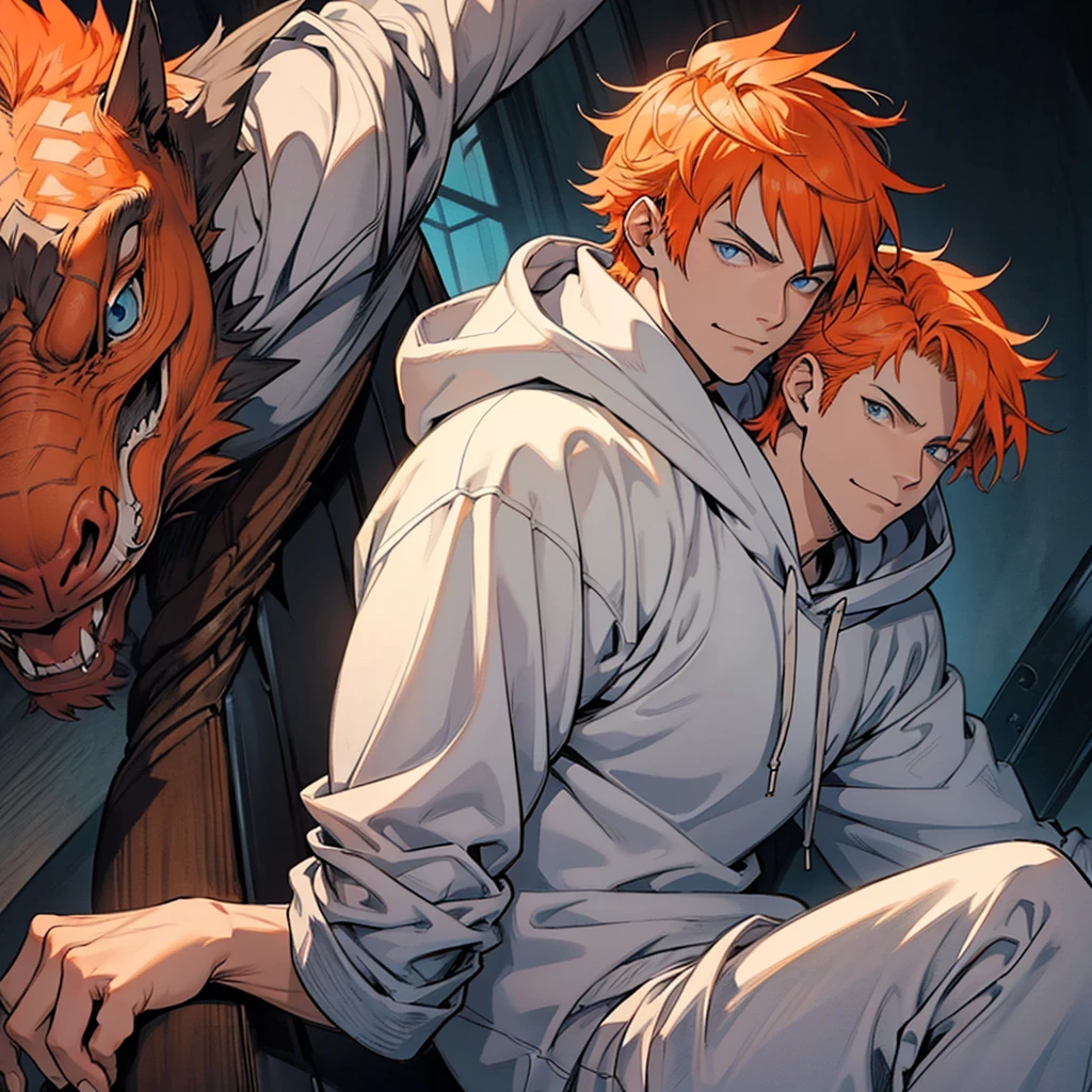 one handsome anime guy with blue eyes wearing a gray hoodie with orange hair and white smile in kentaro miura manga art style