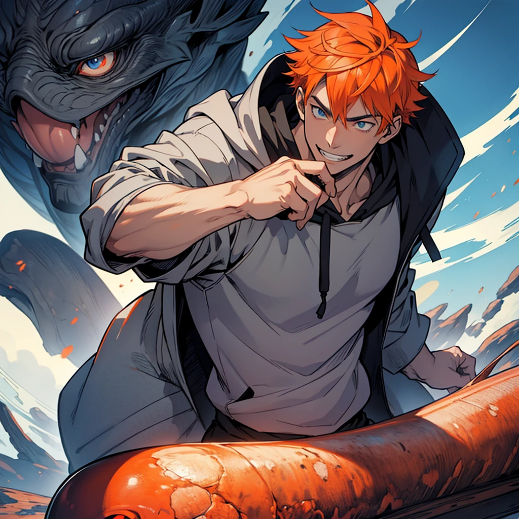 one handsome anime guy with blue eyes wearing a gray hoodie with orange hair and white smile in kentaro miura manga art style