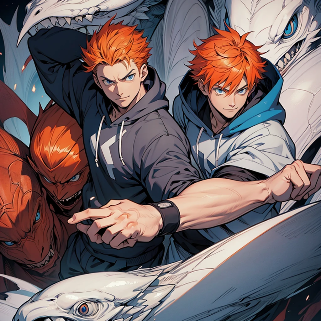 only 1 handsome tall anime guy with blue eyes in demon slayer art wearing a gray hoodie with orange hair and white smile in kentaro miura manga art style