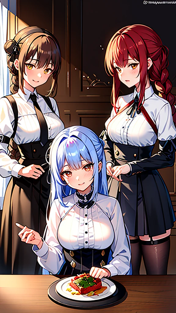 Anime characters sitting on the table,There is a plate of food next to it., Azur route style, From the Azur Lane video game, Azur Lane Characters, Fleet Collection Style, From Girl Front, From Arknights, Girls Frontline style, Ink art anime loli, best anime 4k konachan wallpaper, Popular on Pixiv, Top rated on Pixiv