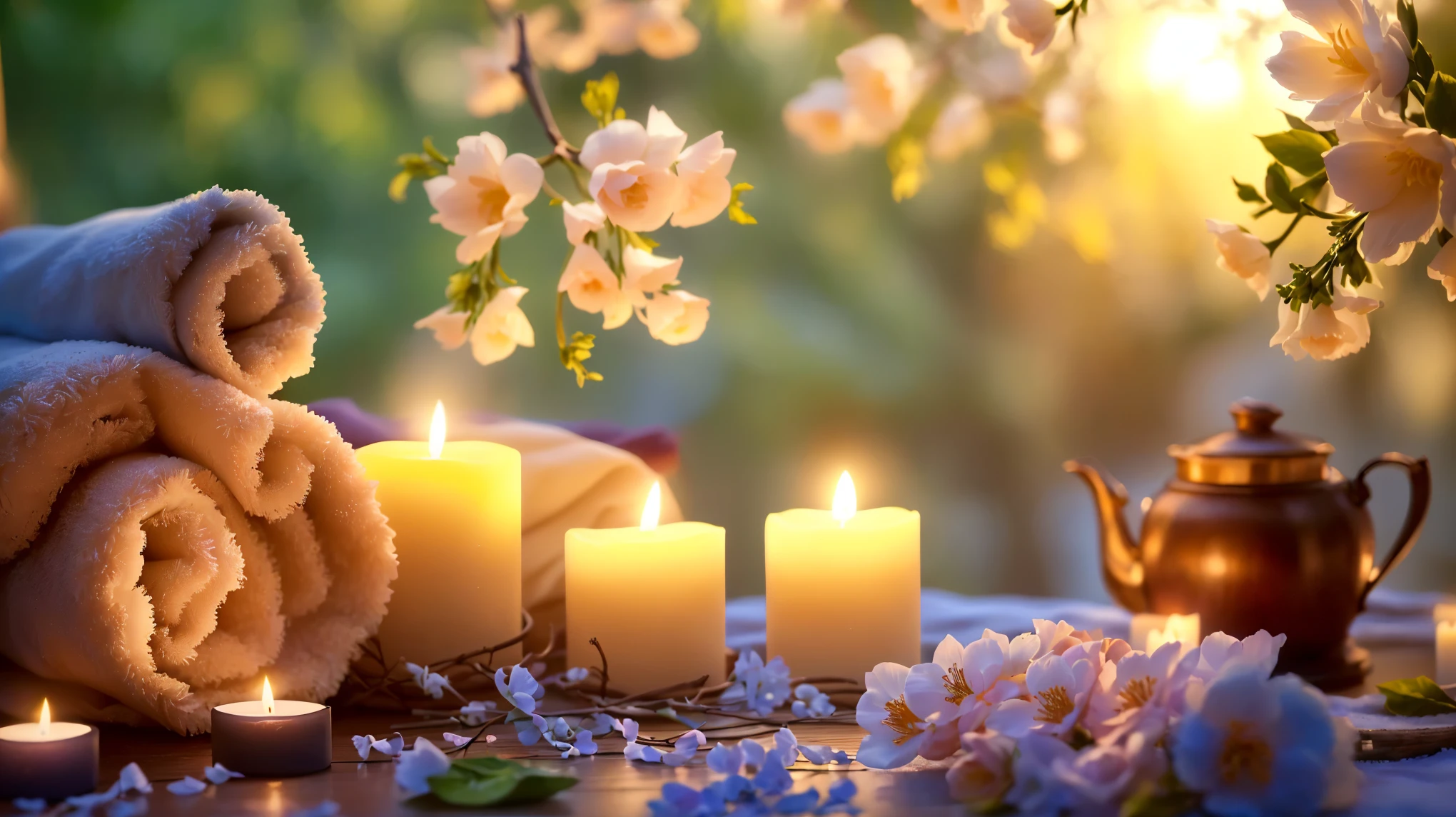 Candles and towels are sitting on a table with flowers and Candles, lit Candles, Candles in foreground, Candles, lit with Candles, glowing Candles, Peaceful atmosphere, Relaxed atmosphere, Beautiful atmosphere, Beautiful atmosphere, Romantic atmosphere, floating Candles, Candlesライト, Beautifully illuminated, Soft glow, 穏やかなNight atmosphere, Night atmosphere, Candlelight, Romantic atmosphere