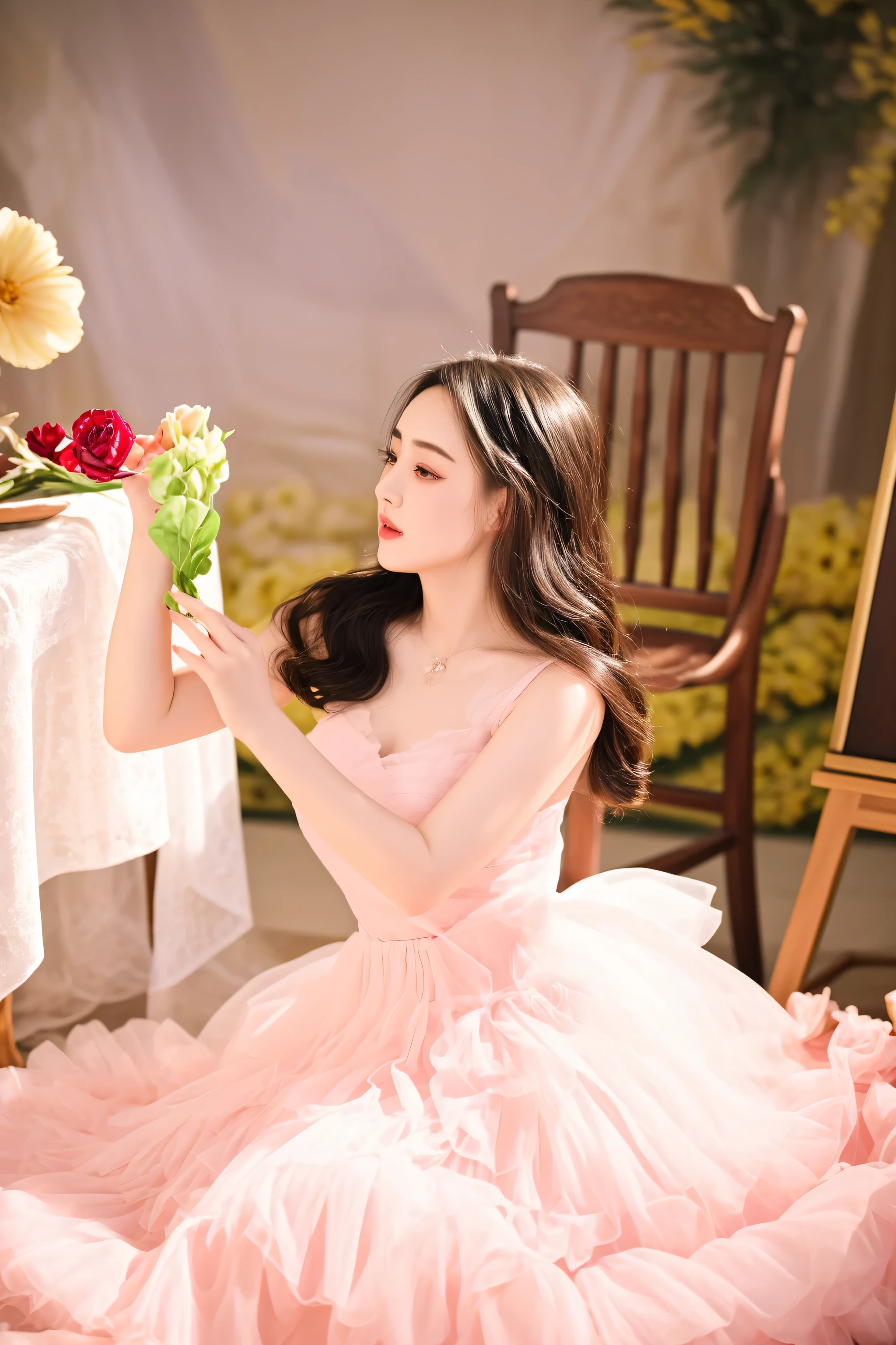 there is a woman sitting on the floor holding a flower, dilraba dilmurat, sha xi, krystal, jia, fantasy photoshoot, cute elegant pose, wearing organza gown, wearing a pink ballroom gown, xianxia fantasy, li zixin, captured on canon eos r 6, shot with canon eoa 6 d mark ii, beautiful princess