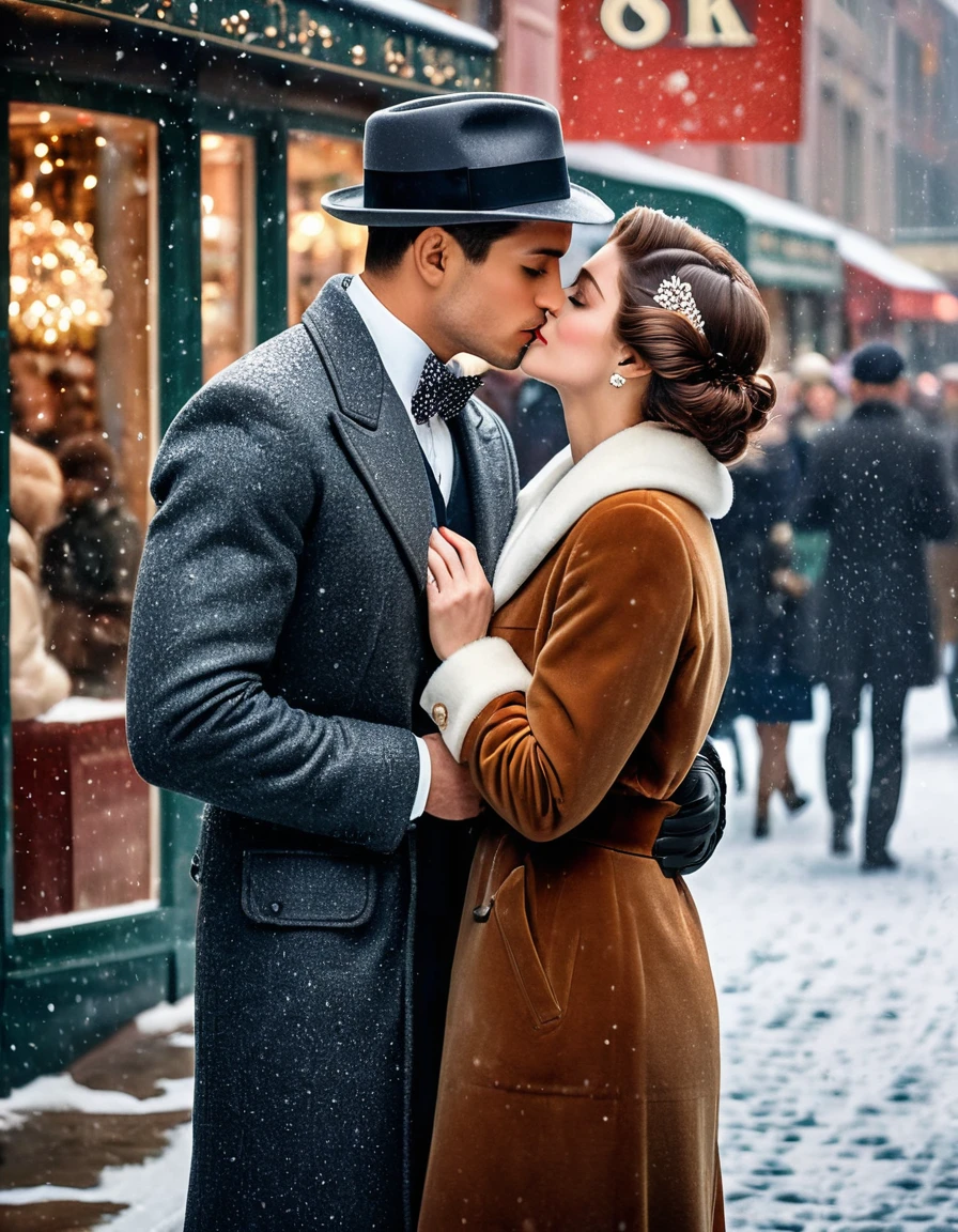 Vintage photography style, Art Deco，best quality,8K,high resolution,Very detailed，very clearly，Snowy Days，Commercial Street，（Many fashionable boys and girls are shopping），（Warm and lively atmosphere）， Delicate texture，Smooth visible velvet，Wear pearl jewelry，High-end decoration，The male and female protagonists kiss，People around cheered and applauded 