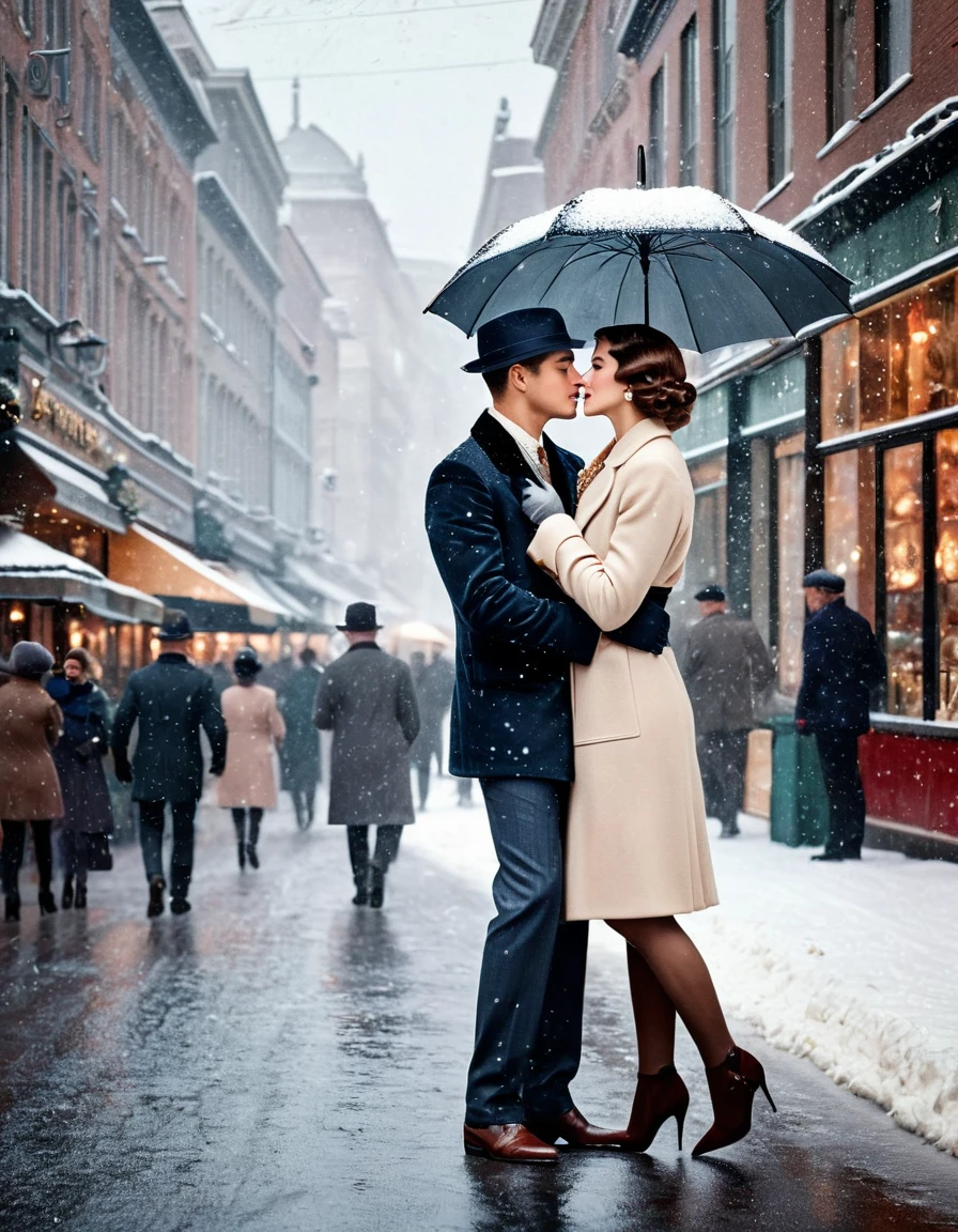 Vintage photography style, Art Deco，best quality,8K,high resolution,Very detailed，very clearly，Snowy Days，Commercial Street，（Many fashionable boys and girls are shopping），（Warm and lively atmosphere）， Delicate texture，Smooth visible velvet，Wear pearl jewelry，High-end decoration，The male and female protagonists kiss，People around cheered and applauded 