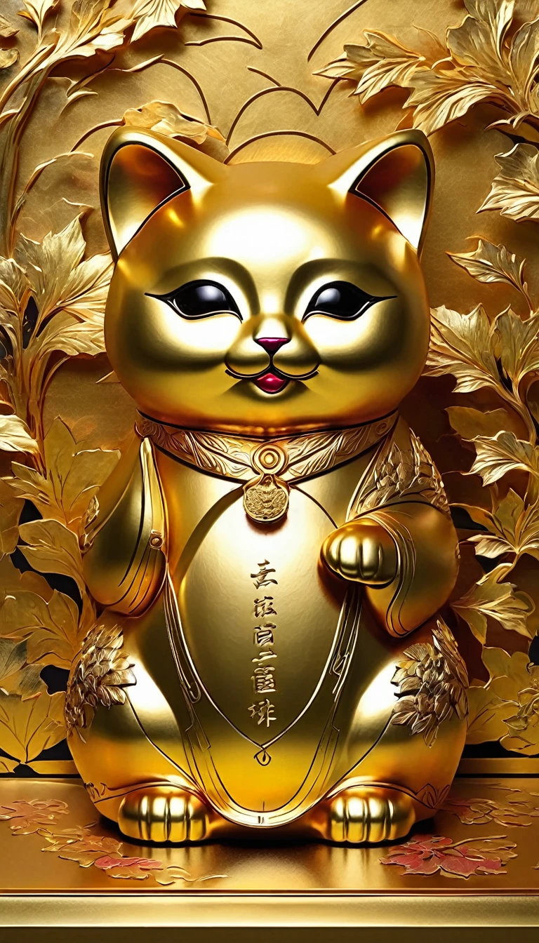 printing (Gold Leaf), Japanese decoration, Vintage decoration, gold leaf wall decoration   : Maneki-neko Gold Leaf, the light shimmers on the Gold Leaf cut, Colors are bright and vivid, 全体的な画質は最high qualityです, with every detail of Gold Leaf captured with ultra-detailed precision,  The lighting is soft and diffused, A warm and welcoming glow spreads across the stage. Reflects the beauty and magic of Gold Leaf art.. high quality, High resolution, 16K, Super detailed.