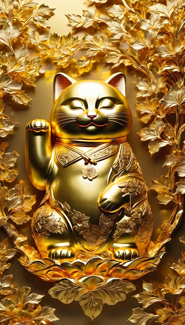 printing (Gold Leaf), Japanese decoration, Vintage decoration, gold leaf wall decoration   : Maneki-neko Gold Leaf, the light shimmers on the Gold Leaf cut, Colors are bright and vivid, 全体的な画質は最high qualityです, with every detail of Gold Leaf captured with ultra-detailed precision,  The lighting is soft and diffused, A warm and welcoming glow spreads across the stage. Reflects the beauty and magic of Gold Leaf art.. high quality, High resolution, 16K, Super detailed.