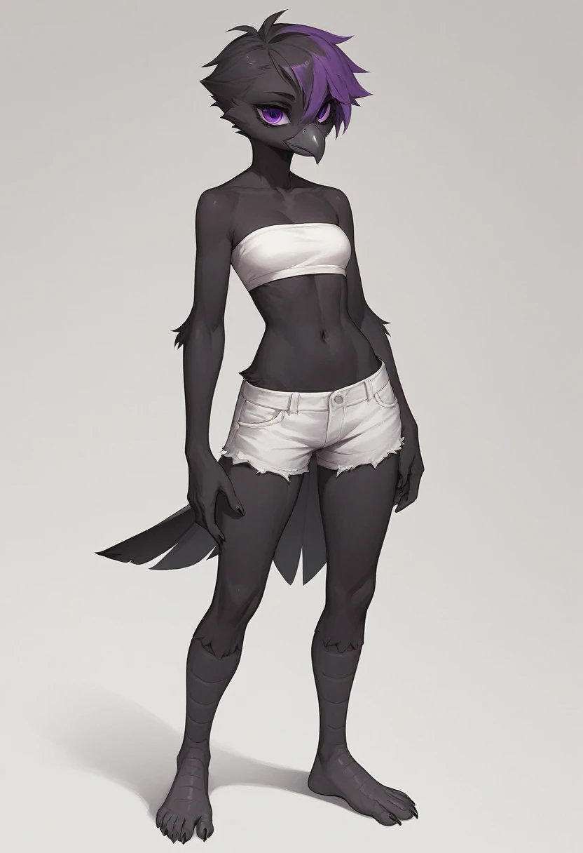 Score_9, score_8_up, score_7_up, flat colors, cartoon style, an Anthro avian crow girl, female, small grey beak, tall, small crow tail, black body, standing, white background, purple eyes, short black emo hair, hands with five fingers, wearing white bandeau, white short shorts, full body shot, barefoot, 5 toes, toe claws