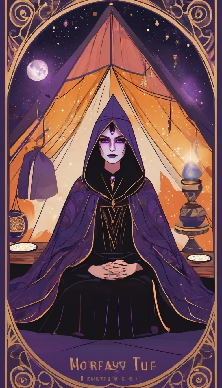 Poster inviting fortune telling using tarot cards in a triangular tent. Beautiful young fortune teller under a black robe The face is painted in lines running from cheek to nose. colored spots above the eyebrows bohemian style Mysterious atmosphere Mostly purple Leave 1/3 of the top space for text.
Fine Arts: Destiny