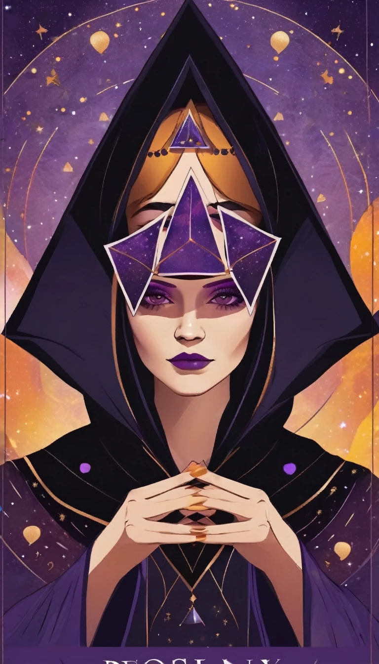 Poster inviting fortune telling using tarot cards in a triangular tent. Beautiful young fortune teller under a black robe The face is painted in lines running from cheek to nose. colored spots above the eyebrows bohemian style Mysterious atmosphere Mostly purple Leave 1/3 of the top space for text.
Fine Arts: Destiny