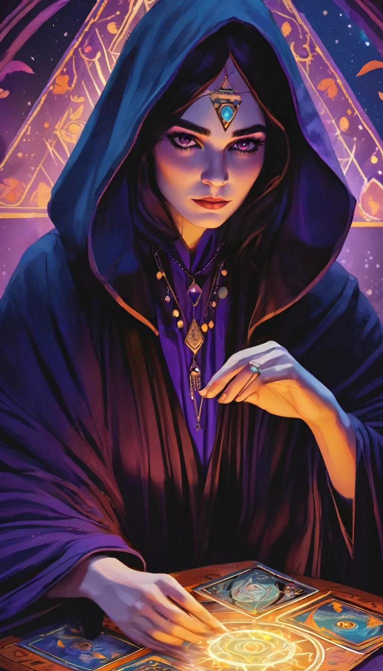 Poster inviting fortune telling using tarot cards in a triangular tent. Beautiful young fortune teller under a black robe The face is painted in lines running from cheek to nose. colored spots above the eyebrows bohemian style Mysterious atmosphere Mostly purple Leave 1/3 of the top space for text. 
Fine Arts: Destiny