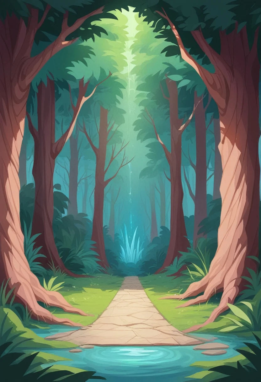 A mystical grotto deep in the forest, surrounded by towering, ancient trees with twisted branches that cascade over the entire scene. The trees have an eerie, otherworldly appearance, their bark covered in glowing, bioluminescent moss. The entrance to the grotto is partially obscured by hanging vines and thick foliage. Soft, ethereal light filters through the canopy, casting dappled shadows on the forest floor. Inside the grotto, a small, crystal-clear pool reflects the vibrant greens and blues of the surrounding vegetation. The atmosphere is mysterious and enchanting, evoking a sense of hidden magic and ancient secrets.