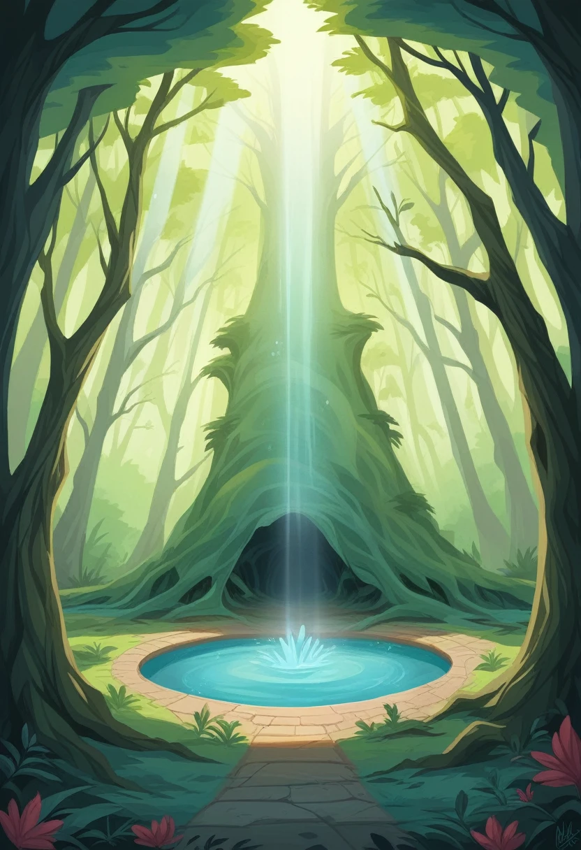 A mystical grotto deep in the forest, surrounded by towering, ancient trees with twisted branches that cascade over the entire scene. The trees have an eerie, otherworldly appearance, their bark covered in glowing, bioluminescent moss. The entrance to the grotto is partially obscured by hanging vines and thick foliage. Soft, ethereal light filters through the canopy, casting dappled shadows on the forest floor. Inside the grotto, a small, crystal-clear pool reflects the vibrant greens and blues of the surrounding vegetation. The atmosphere is mysterious and enchanting, evoking a sense of hidden magic and ancient secrets.