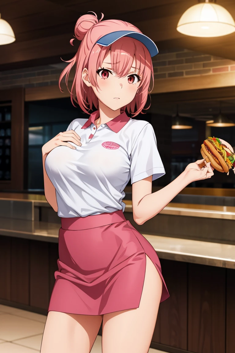 highest quality, High resolution, perfect pixel, Depth of the bounds written, 4k, beautiful anime girl, perfect body,
looking at the viewer,
Yuigahama Yui, 1 girl, short hair, pink hair, hair bun, pink eye,
large breast,
{{vector trace}}, 1 girl, fast food restaurant crew, red visor, polo shirt, tight skirt, {{{{younger}}}}, {{slender}},
indoor, fast food restaurant, front view, {cowboy shot}, {{facing the front}}, from outside, {{solo focus}}, {{perfect face}}, {{perfect anatomy}}, intricate (highly detailed),