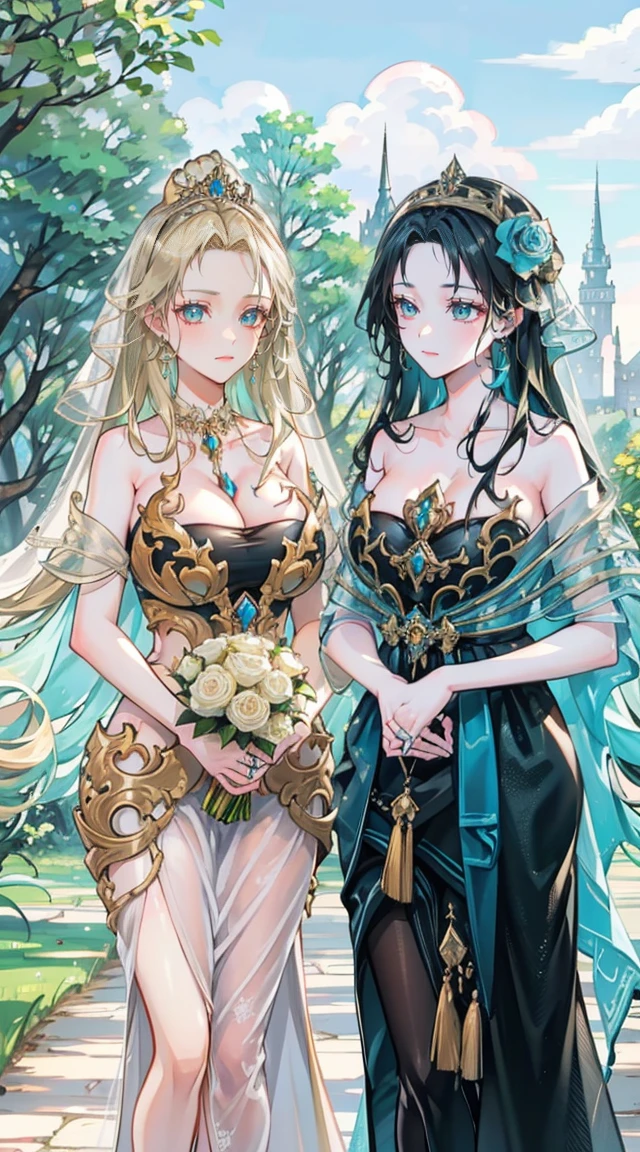 beautiful woman，Folk Girl，blonde with blue eyes，Twist，Wear a strapless wedding dress with no straps.，countryside，countryside，beautiful scenery，European Middle Ages，smile with teeth，forehead，forehead exposed，big tits，rift, (3 young adult women ,beautiful woman)