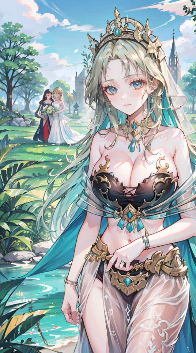 beautiful woman，Folk Girl，blonde with blue eyes，Twist，Wear a strapless wedding dress with no straps.，countryside，countryside，beautiful scenery，European Middle Ages，smile with teeth，forehead，forehead exposed，big tits，rift, (3 young adult women ,beautiful woman)