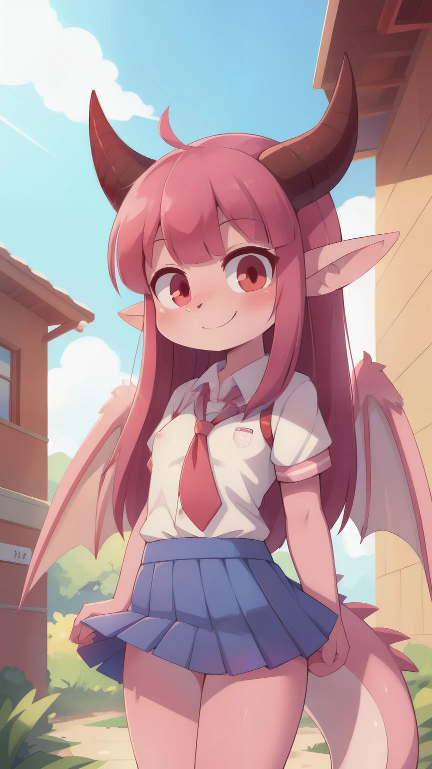 score_9,score_8_up,score_7_up, source_cartoon, source_furry, dragon girl, horns, red eyes, tail, dark pink hair, furry, blush, dragon tail, looking at viewer, smile, 1girl, dragon horns, pointy ears, rect bangs, semi long hair, feathered wings, furry female, two tone body fur, pink body fur, clear pink body fur, small breasts, ((school uniform, school shirt, blue skirt)), school, clear sky, uperbody