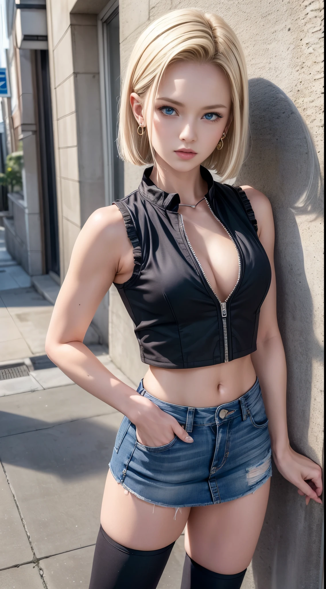Best Quality, High Resolution, and18, 1girl in, Android 18, Solo, Blonde Hair, Blue Eyes, Short Hair, Earrings, Jewelry, Short Sleeve Denim Vest, Open Vest, Black Stockings, Black Sports Bra, Jeans Mini Skirt, Mini Skirt blue, Sexy heels, medium breasts, Cowboy Shot, Street, full body shots, (externally expanded chest: 1.2)