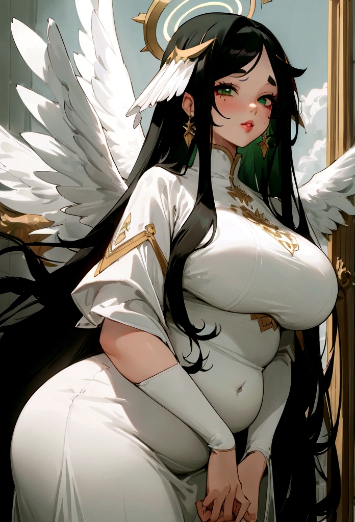 ((best quality)), ((masterpiece)), (detailed), 1woman, long white dress, large breasts, green eyes, super long black hair, beauty mark by left eye, plump lips, white wings on head, halo