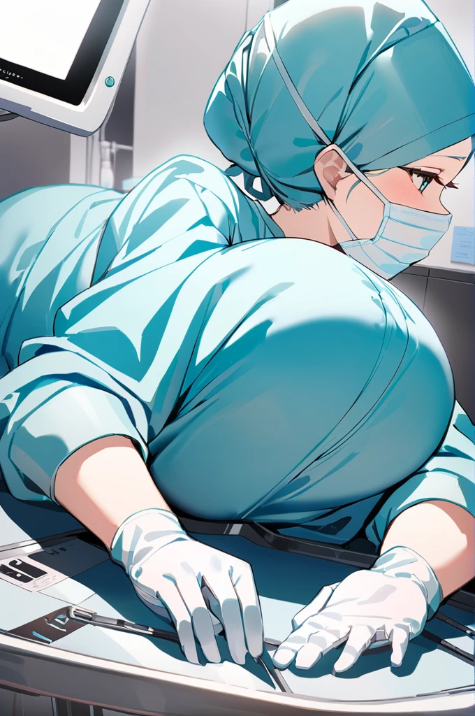 (give a score of 9_give a score of 8_give a score of 7)
masterpiece, highest quality, best quality, view from top down, 
in a hospital, 1 pregnant woman, about 38 years old, 9 months pregnant, solo, surgical cap, surgical gloves, surgical mask, in operating room,