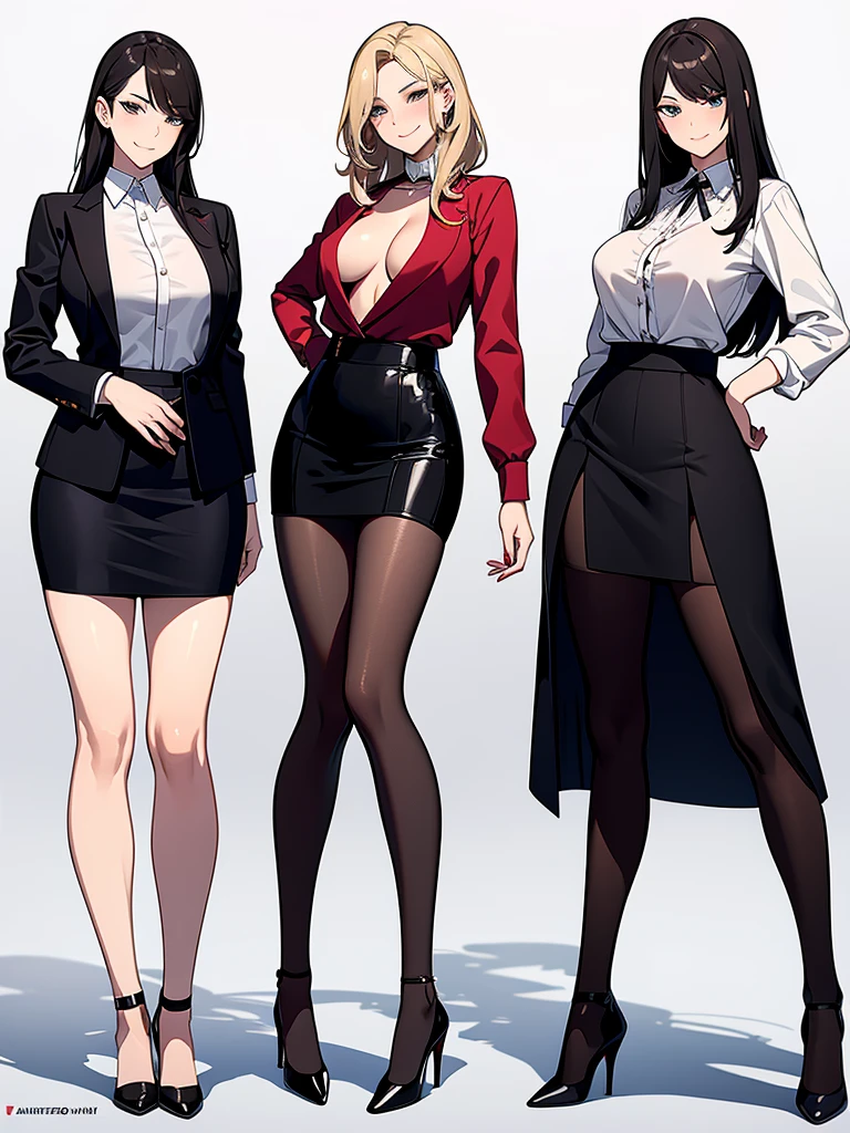 three sexy women, wearing blouse and skirt, pantyhose, with flirtatious smiles, full body, stiletto heels