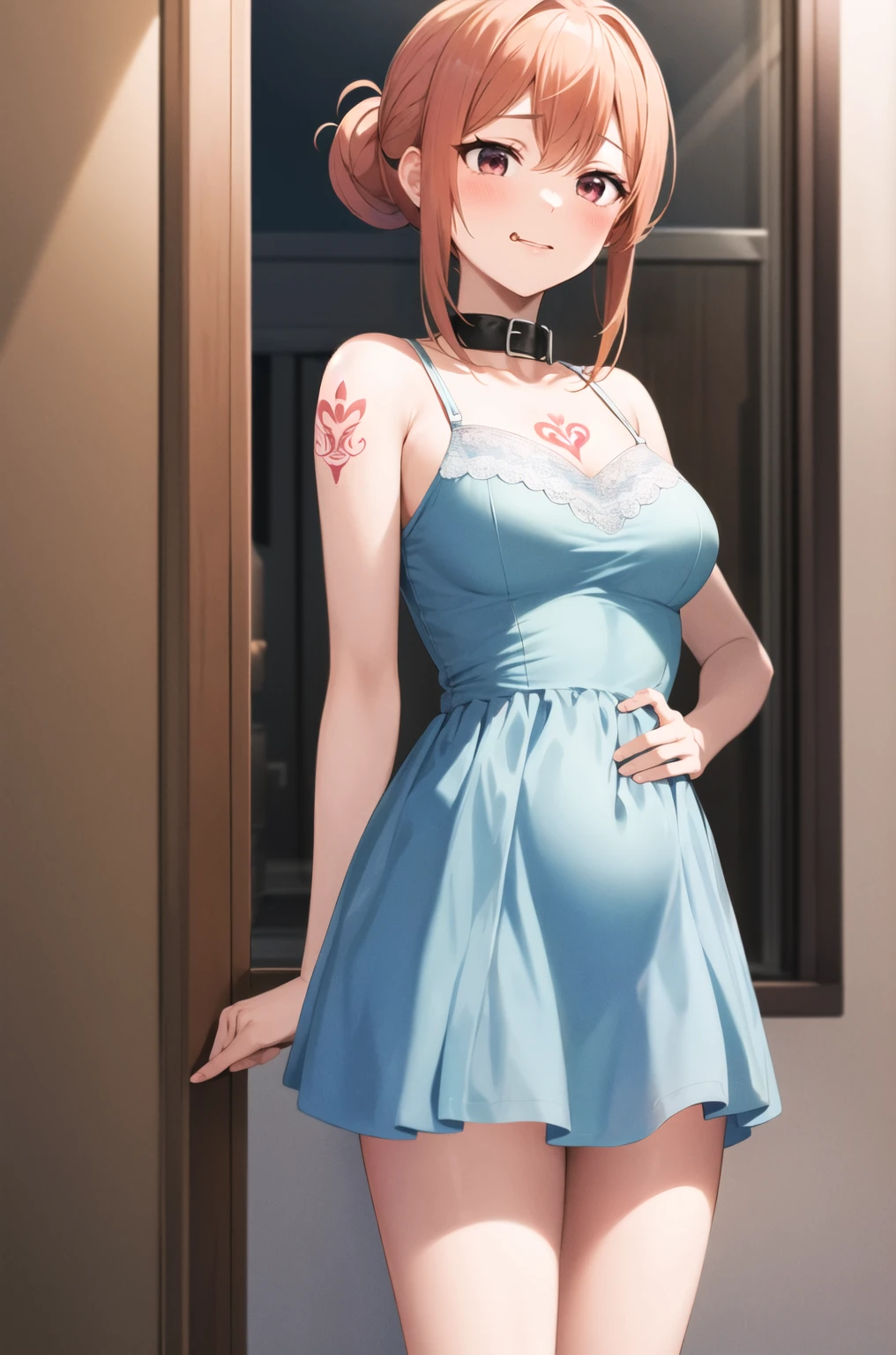 masterpiece, best quality, highres, gahamama, single hair bun, breasts,shy,shilyface,Wearing a ballet dress, standing , ****, childhood, elementary student, Wearing a dog collar , Naughty tattoo on the belly 