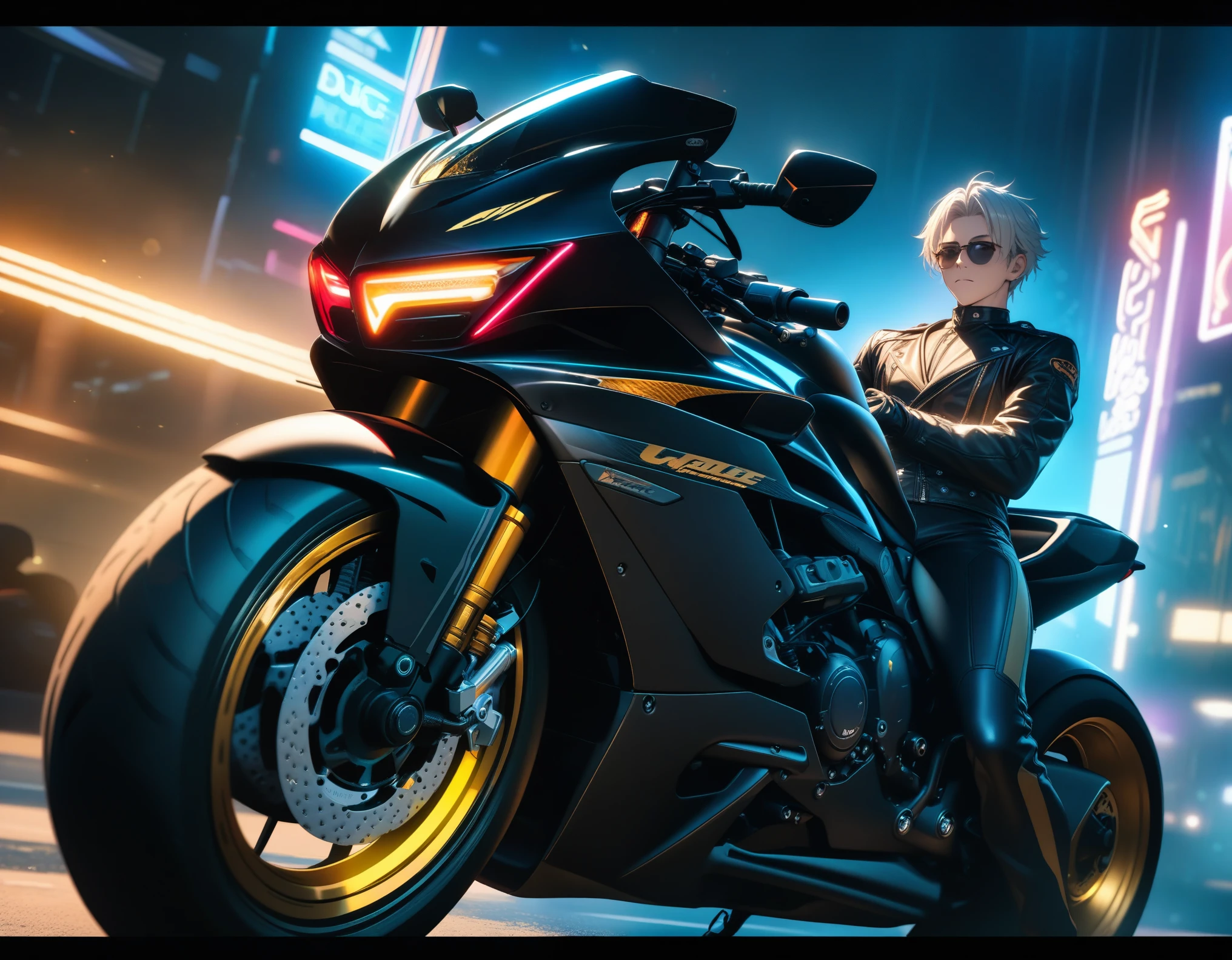 Masterpiece, Best Quality, Super Detailed, High Definition, Expensive Resolution, HDR, Super Detailed CG, Beautiful Details, Depth, Fine Texture, Super Fine, Complete concentration, biker with Motorcycle, ride Motorcycle, (full details Motorcycle, black, Neon light, edge light), Handsome man, smart and cool man, confident, short hair, platinum hair, hair highlight, Full details biker suit, leather, black, sunglass, 1 male, Cold face and eyes, closed mouth, ethereal atmosphere, luxurious, intricate details, volumetric lighting, atmospheric lighting, lens flare, particles, Cinematic light, colorful light, white and gold colors schemes, Exquisite future fine detail, intricate, Wide-Angle