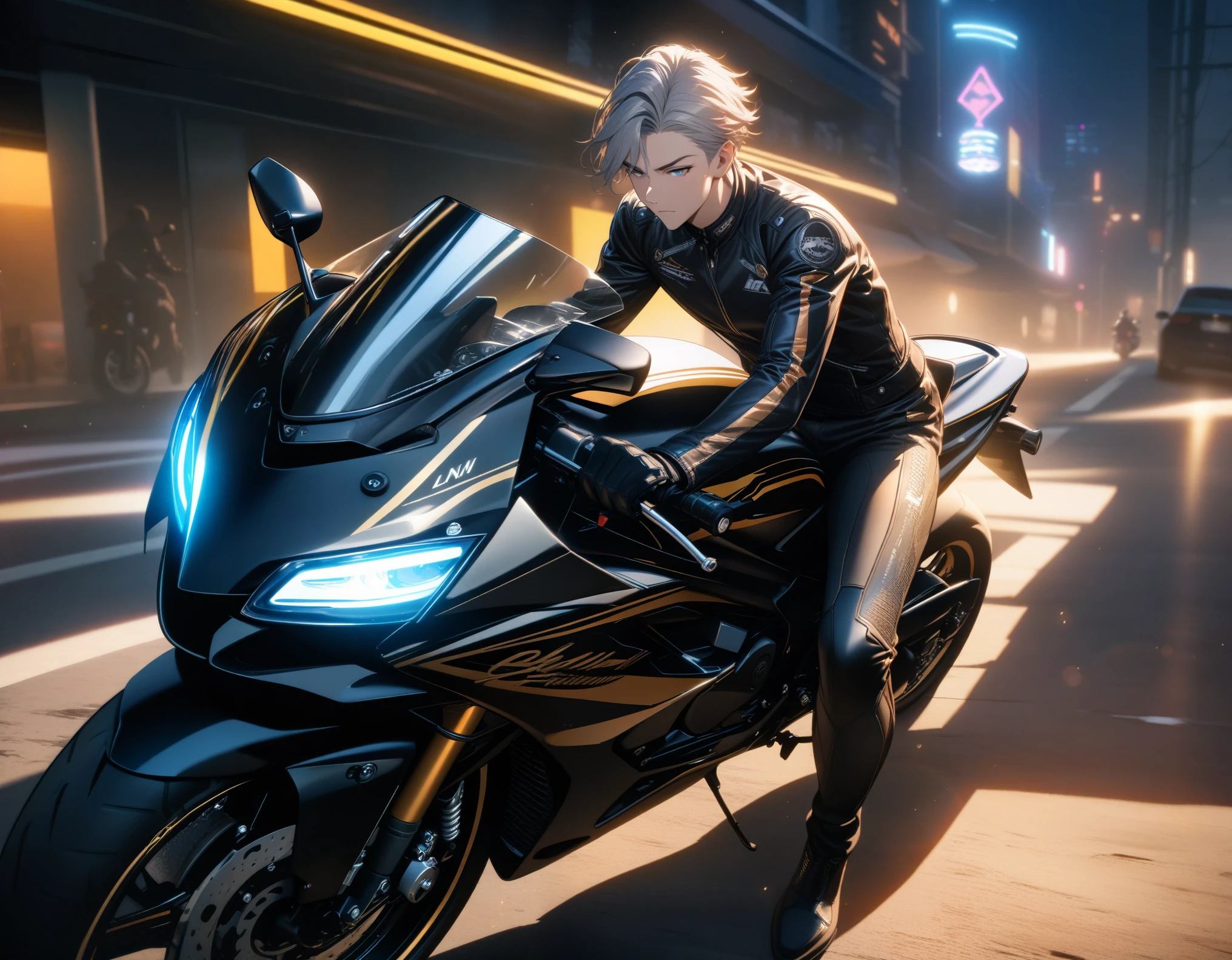 Masterpiece, Best Quality, Super Detailed, High Definition, Expensive Resolution, HDR, Super Detailed CG, Beautiful Details, Depth, Fine Texture, Super Fine, Complete concentration, biker with Motorcycle, ride Motorcycle, (full details Motorcycle, black, Neon light, edge light), Handsome man, smart and cool man, confident, short hair, platinum hair, hair highlight, Full details biker suit, leather, black, sunglass, 1 male, Cold face and eyes, closed mouth, ethereal atmosphere, luxurious, intricate details, volumetric lighting, atmospheric lighting, lens flare, particles, Cinematic light, colorful light, white and gold colors schemes, Exquisite future fine detail, intricate, Wide-Angle