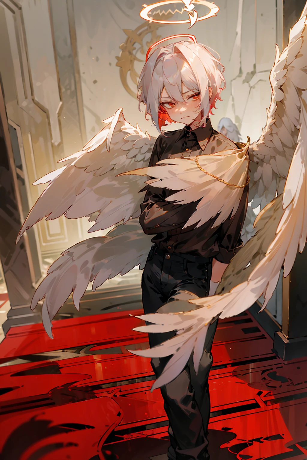 1male, Adult, Two Tone Hair, Crimson and White Hair, Short Hair, Undercut Hair, Red Angel Halo, Black Angel Wings, Golden Eyes, Smirk, Black Flannel Shirt, Black Ripped Jeans, Standing On Path