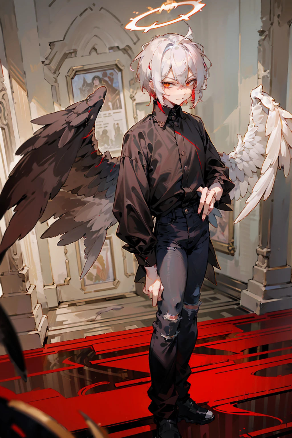 1male, Adult, Two Tone Hair, Crimson and White Hair, Short Hair, Undercut Hair, Red Angel Halo, Black Angel Wings, Golden Eyes, Smirk, Black Flannel Shirt, Black Ripped Jeans, Standing On Path