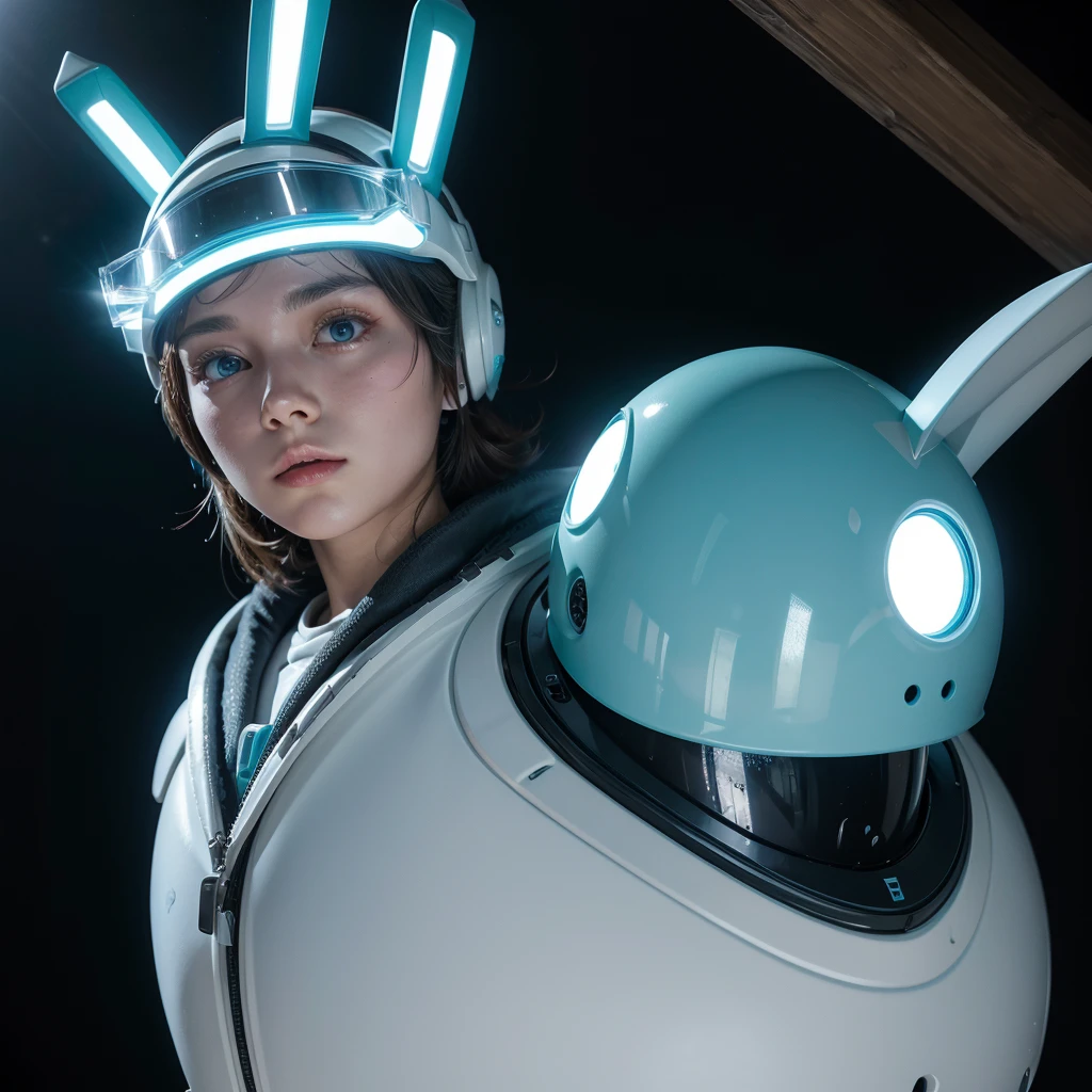 white helmet with cyan details with visor with an LED screen with robot rabbit ears on a stone