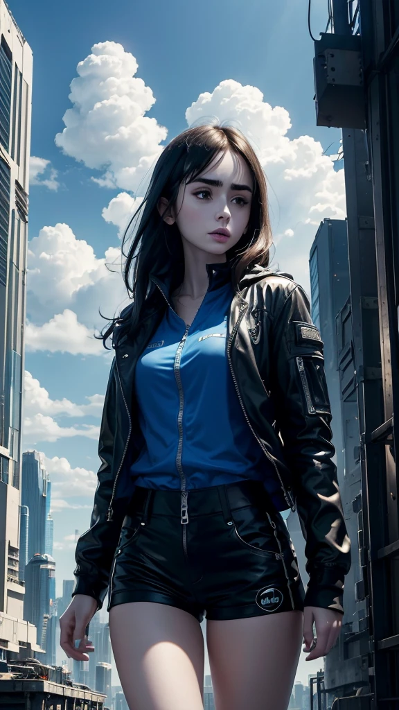 Lily Collins,tall and big,skin,Top shorts,Black shorts,Buttons,zipper,Complex workmanship,icon,company logo,Emit blue light,background,Future Technology,Cyberpunk City,,big gear,wind,Blue sky and white clouds,