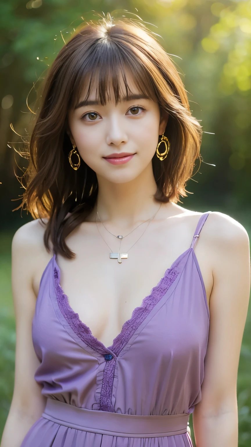 looking viewer, Holding a Japanese cat. Japanese girl , 16 year old ,(middle hair, brown hair, fringe, little smiling),(middle breasts, slender whist, middle hip, public hair)  ,(pale purple outfit in bohemian style,:1.3),round earring ,jewelry ,collarbone, necklace
, standing, front view, down sun lighting (masterpiece, highest quality, Very detailed, Ultra-high resolution, (photopractical:1.4), Original photo, (practical:0.2), 8K HDR,)