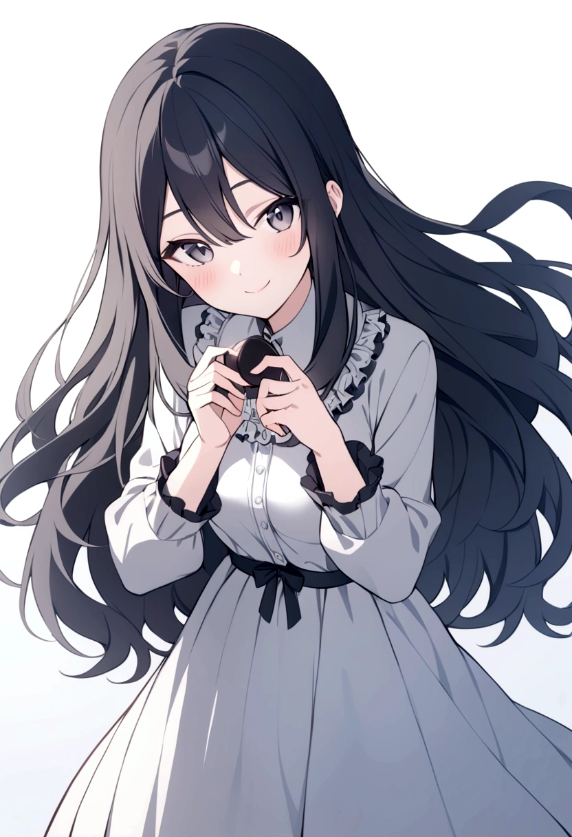 slender, mature female, rating:safe, 1girl, solo, long_hair, dress, long_sleeves, looking_at_viewer, dress, blush, black_hair, bangs, closed_mouth, hair_between_eyes, pale_color, eyebrows_visible_through_hair, hands_up, shirt, holding, long_dress, frills, from_above, smile