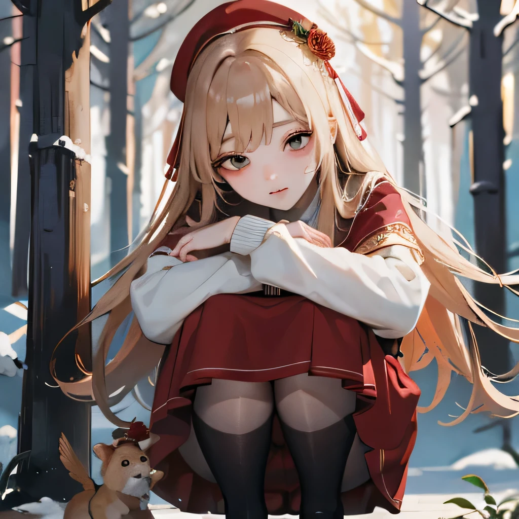 masterpiece, Highest quality, 8k wallpaper, Very detailed, A girl about 12 years old, Golden Hair, Long Hair, fine grain、(Red Skirt)、 White dress shirt,(A single large red flower hair ornament)，Light blue eyes、Dark Taste、wearing a warm fur hat、(In the winter forest)、Grilling a large piece of meat、Eating meat、Crouching on the ground、((Shooting from the front))、Bust Shot、Expressionless