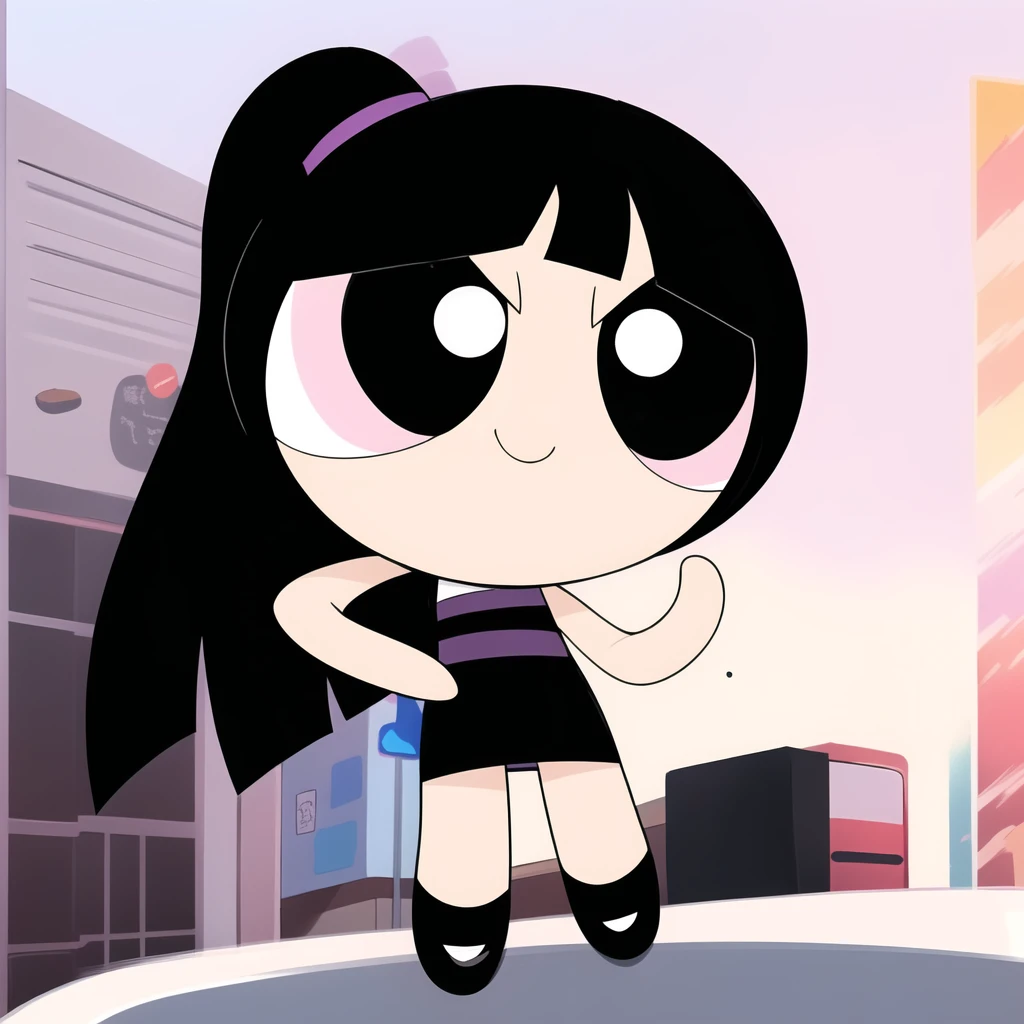 cute smile, full body, 1girl , chibi, black hair ponytail, black eyes, purple black Goth outfit, multicolored hair,