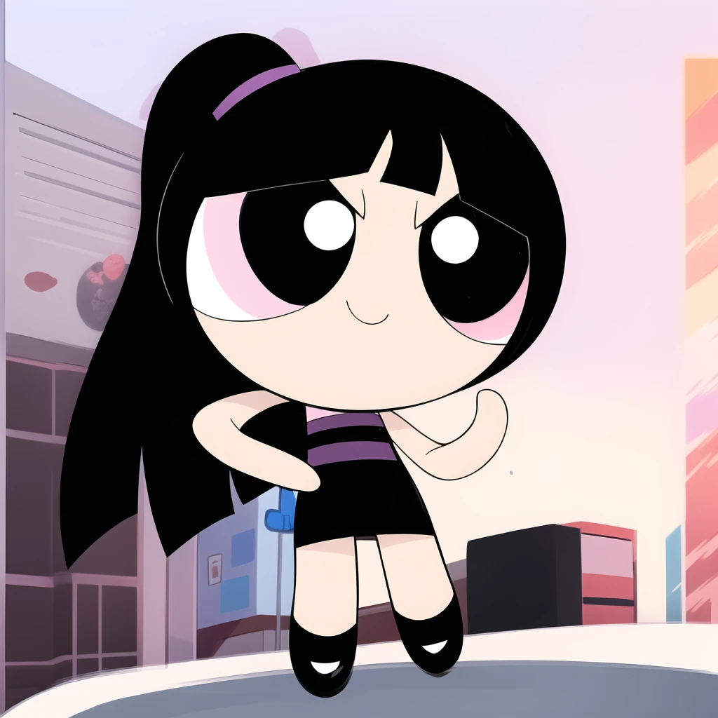 cute smile, full body, 1girl , chibi, black hair ponytail, black eyes, purple black Goth outfit, multicolored hair,