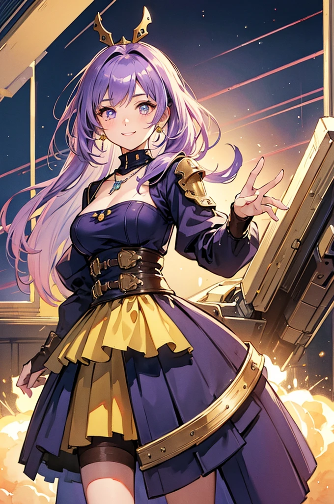 a cute robot girl, ((masterpiece)), best quality, ultra-detailed, extremely detailed, 4K, 8K, best quality, steampunk, no bad anatomy, beautiful, anime style, laboratory, watercolor pencil, retro art style, dynamic angle, jumping pose, robot suit, beautiful purple hair, beautiful yellow eyes, beautiful eyes, mesh, transparent hair, translucent hair, fingered gloves, earrings, necklace, smile, light smile, sparkling effect