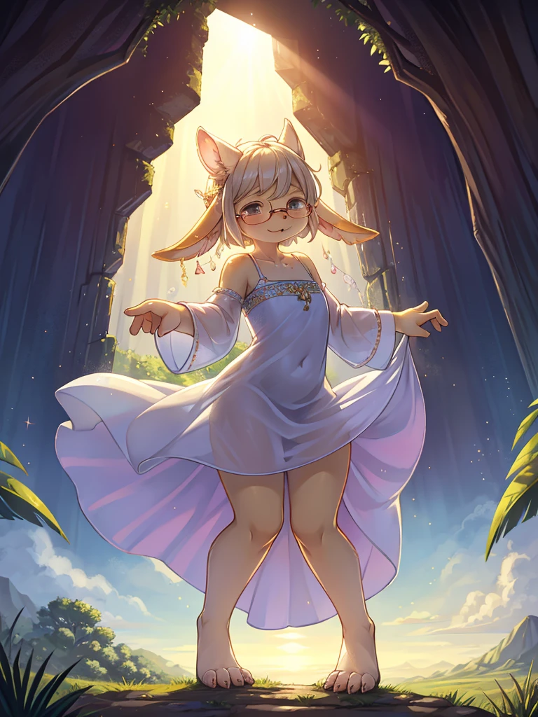 Hallucination , (ugly geek Sow) , (butterface) , relaxed Fluttering white thin dress , Dancing on the top of hill , halation , Strong sunlight , The fabric is see-through, so your skin is visible , Divine Light , morning dew
