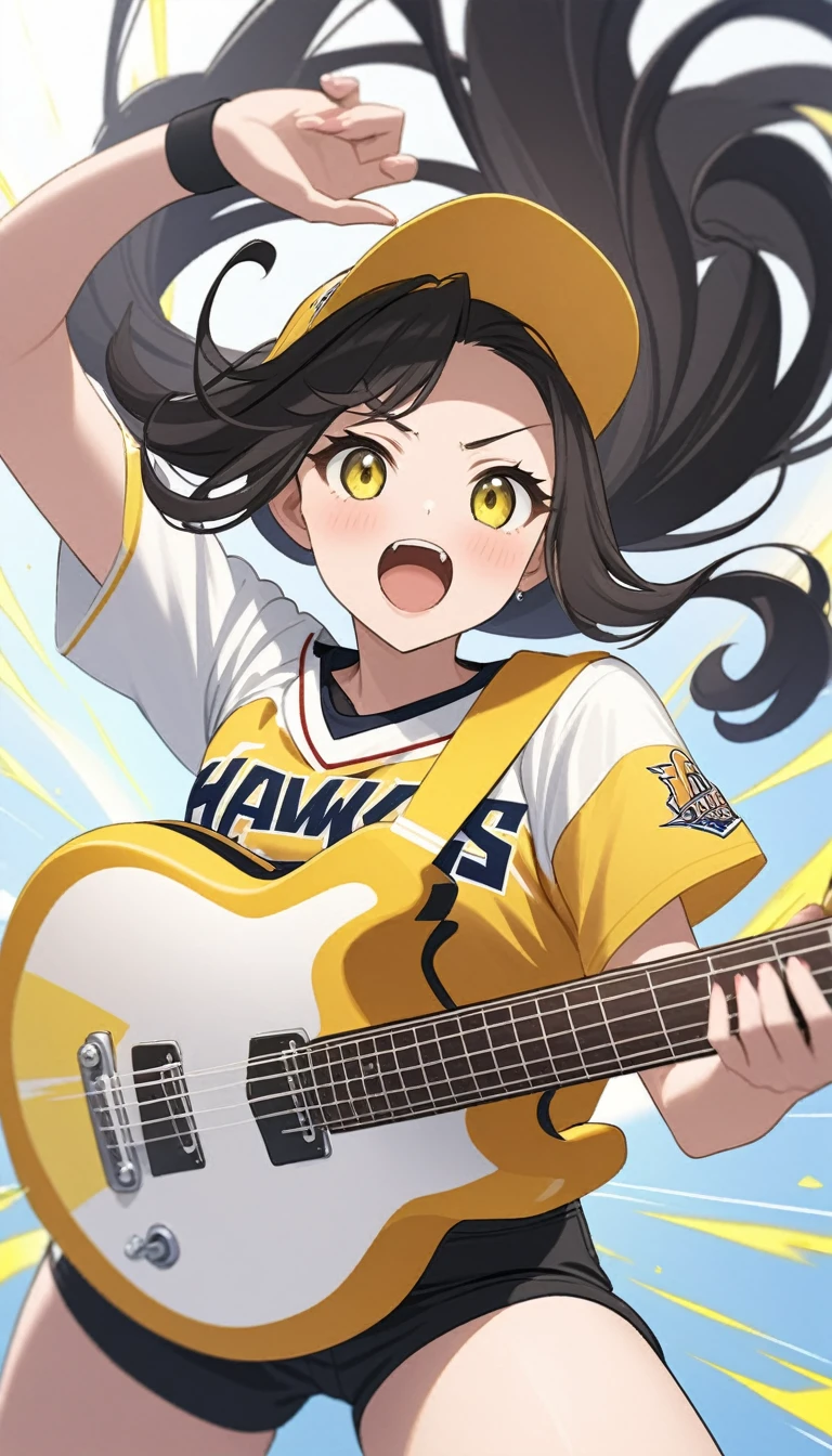 A female vocalist of a girl band, a black-haired girl playing an electric guitar、Wearing a revolution yellow Fukuoka SoftBank Hawks baseball cap、Wearing a revolution yellow Fukuoka SoftBank Hawks baseball shirt、sing dance Speed