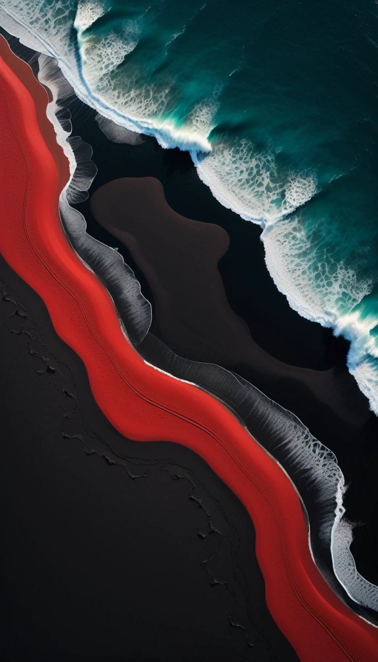 Top view，plane geometry，a beautiful detailed black sand beach,dramatic red ocean,minimalist vector landscape,clean stylized flat art,high contrast,masterpiece,best quality,8K,photorealistic,intricate details,seamless,stunning colors,dramatic lighting