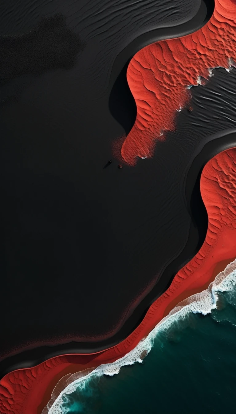 Top view，plane geometry，a beautiful detailed black sand beach,dramatic red ocean,minimalist vector landscape,clean stylized flat art,high contrast,masterpiece,best quality,8K,photorealistic,intricate details,seamless,stunning colors,dramatic lighting