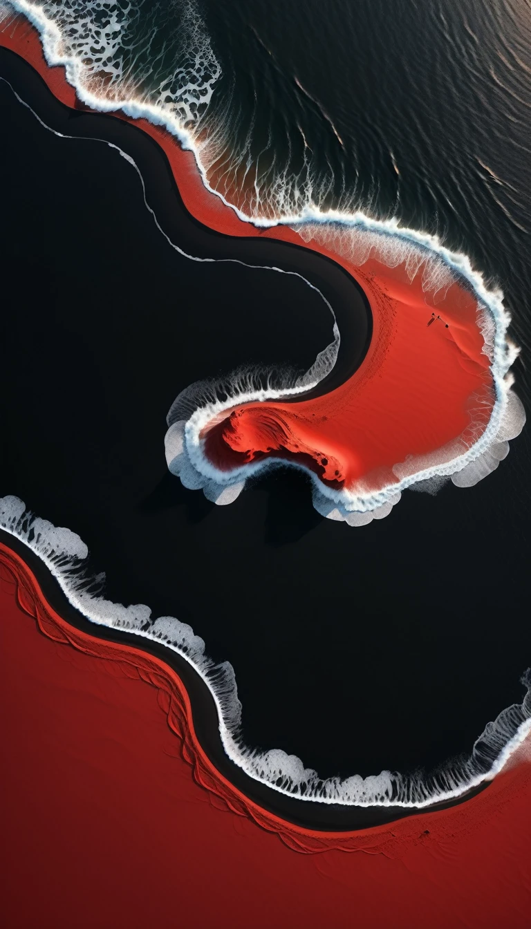 Top view，plane geometry，a beautiful detailed black sand beach,dramatic red ocean,minimalist vector landscape,clean stylized flat art,high contrast,masterpiece,best quality,8K,photorealistic,intricate details,seamless,stunning colors,dramatic lighting